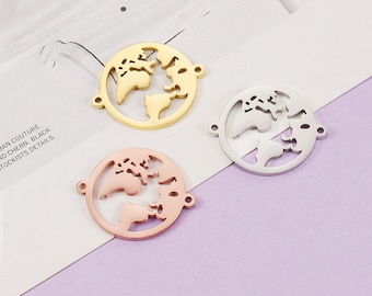 10Pcs Stainless Steel Round World Map Connector Globe Pendant with 2 hoops Charm for Necklace Bracelet Connector Double Holes Charms