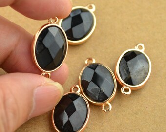 Oval Faceted Black Agate Connector Bezel Oval Shape Gold Plated Rim 14x24mm include the Double Bail
