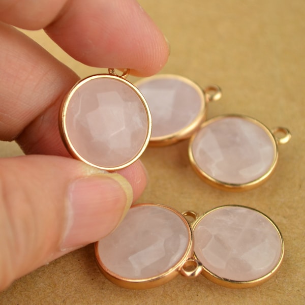 Rose Quartz Pendant Pink Crystal Round Faceted Natural Stone Charm Bezel Gold Plated Rim - 18mm