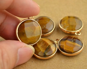 Tigerauge Anhänger Rund Facettiert Natürliche Tigerauge Stein Charm Bezel Vergoldeter Rand - 18mm