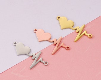 5Pcs Love Heart Stainless Steel Connector Electrocardiogram Wave for Bracelet Connector Double Holes,Gold Plated, Silver Tone or Rose Gold