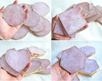 80-100mm Rose Quartz Pink Crystal Coasters with Gold Electroplated Edge Drink Holder Placemat Home Decor Stone Slices