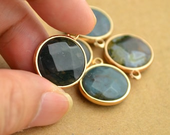 Facettierter Indischer Achat Anhänger Runder Grüner Achat Naturstein Charm Bezel Vergoldeter Rand - 18mm