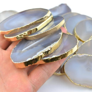 5 peças de fatias de ágata borda de corte de laje de pedra - 2"-3" - borda dourada moldura oval para cartões de nome de casamento decoração cartões de visita cartões de lugar - cinza