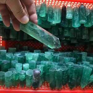Puede incluir: Una gran colección de puntas de cristal de fluorita verde en una cesta de plástico roja. Los cristales son de varios tamaños y formas, algunos tienen una sección transversal hexagonal.