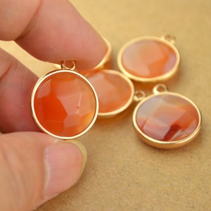 Faceted Red Agate Pendant Round Natural Red Agate Charm Bezel Gold Plated Rim - 18mm
