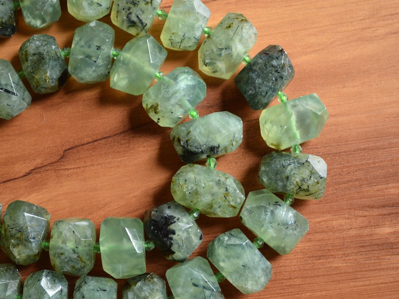 Natural Green Prehnite Faceted Bead Chunky Beads Middle Drilled Vertical Hole