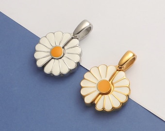 25mm Stainless Steel White Daisy Flower Enamel Charm for DIY Necklace Pendants ,Openable Daisy Jewelry Charm with Bail Clasps,Diameter 25mm