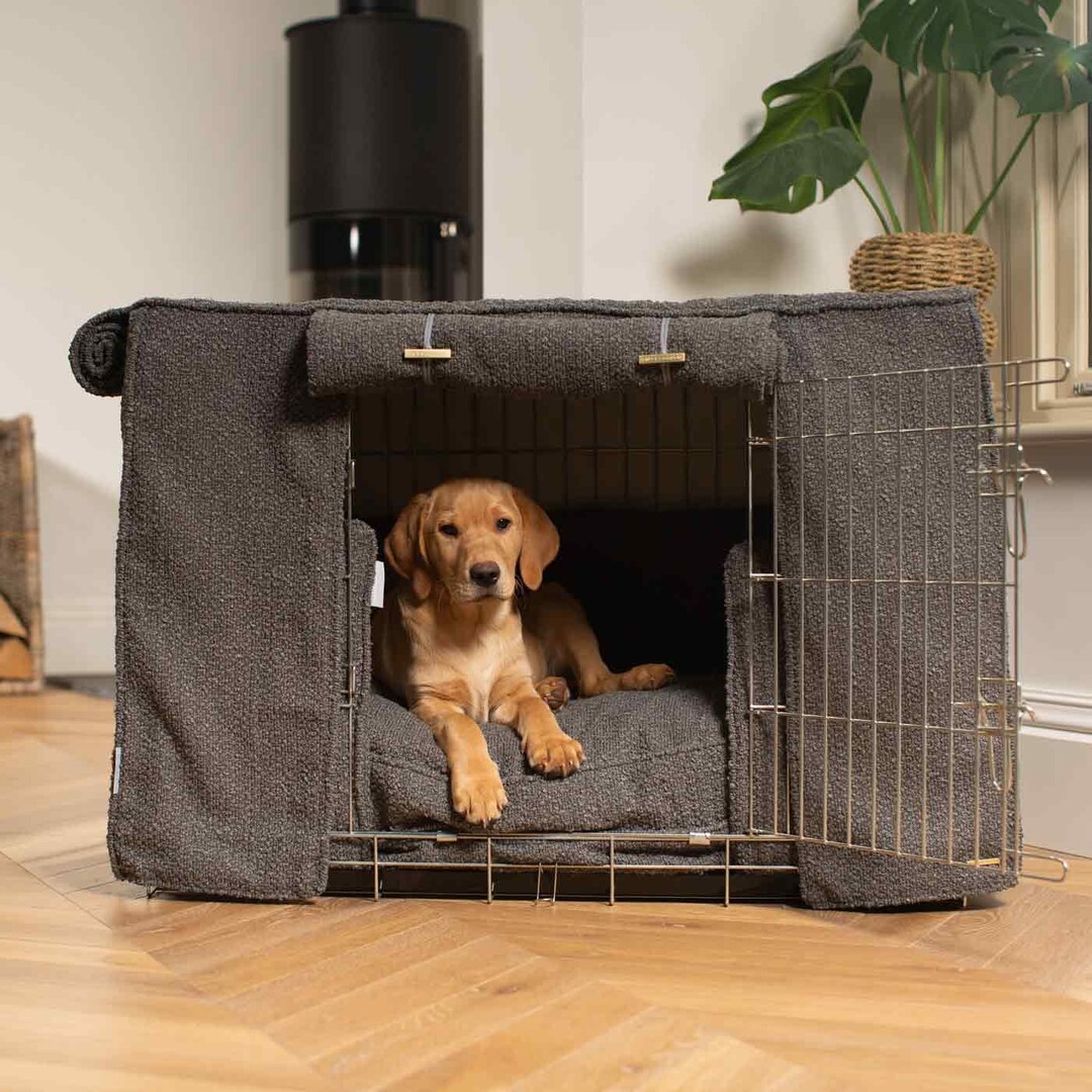Personalised Dog Crate Set in Granite Bouclé Crate Bumper, Bed