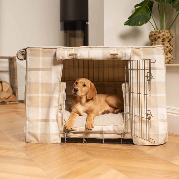 Lords & Labradors Dog Crate Set In Balmoral Natural Tweed | Crate Bumper, Bed, Cover Set | The Ultimate Dog Den | Luxury Dog Crate Bedding