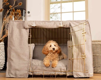 Lords & Labradors Gold Crate Set in Inchmurrin | Crate Bumper, Bed, Cover Set in Ground, Umber or Iceberg | Luxury Dog Crate Set
