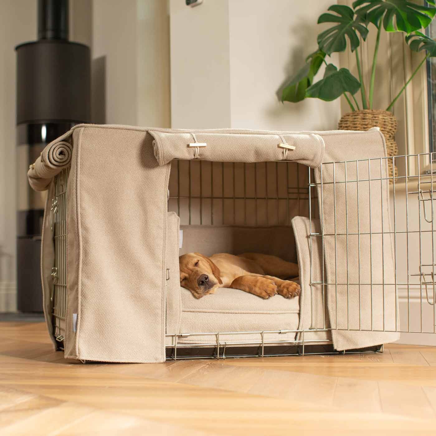 Personalised Dog Crate Set in Natural Herringbone Tweed Crate Bumper Bed Cover Set Ultimate Dog Den Dog Bedding Etsy
