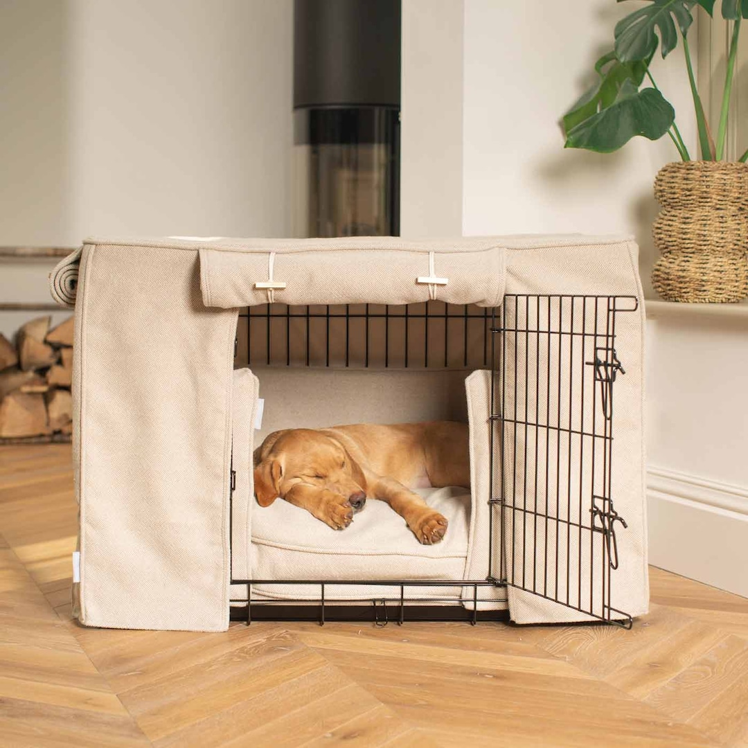 Picture of Personalised Dog Crate Set in Natural Herringbone Tweed | Crate, Bumper ...