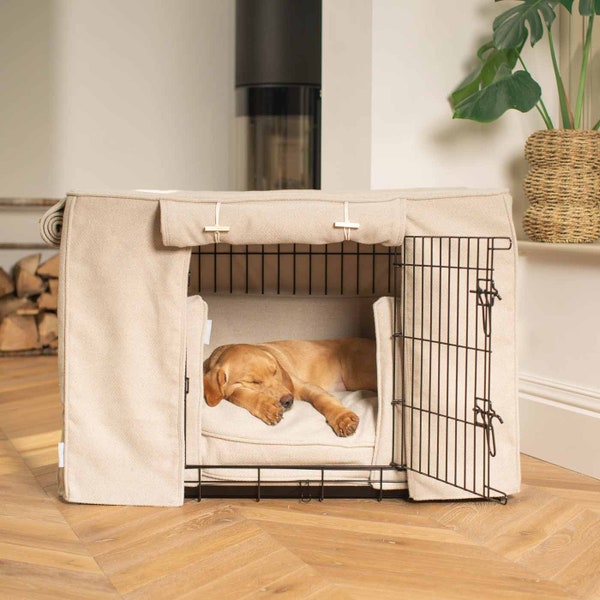 Lords & Labradors Dog Crate Set In Natural Herringbone Tweed | Crate Bumper, Bed, Cover Set | The Ultimate Dog Den | Luxury Dog Bedding