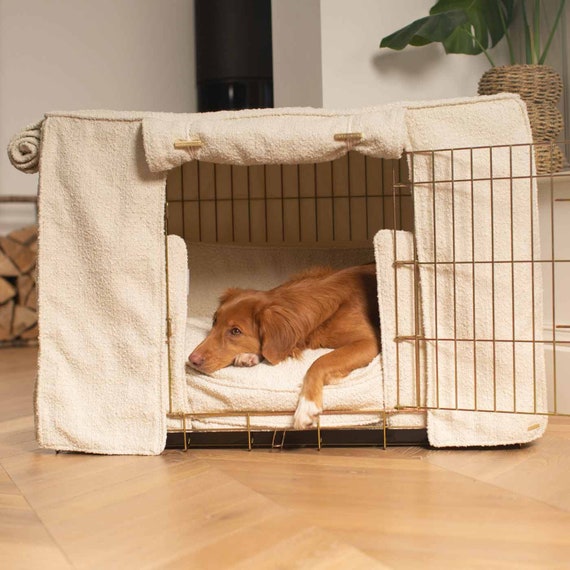 Personalised Dog Crate Set In Ivory Bouclé |  Crate Bumper, Bed, Cover Set | The Ultimate Dog Den | Dog Crate Bedding