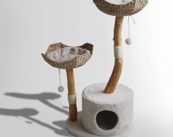 Back to Nature The Basket Cat Scratch Post | Wooden Cat Scratch Post Tree | Featuring Two Wicker Basket Beds | Interactive Dangling Pom Pom