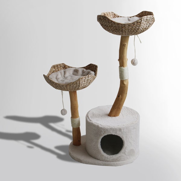Back to Nature The Basket Cat Scratch Post | Wooden Cat Scratch Post Tree | Featuring Two Wicker Basket Beds | Interactive Dangling Pom Pom