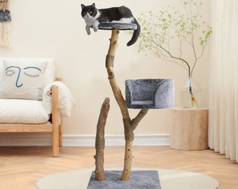 Back to Nature The Trio Cat Scratch Post | Wooden Cat Scratch Post Tree | Featuring Two Plush Fabric Platforms | Perfect For Kitten Felines