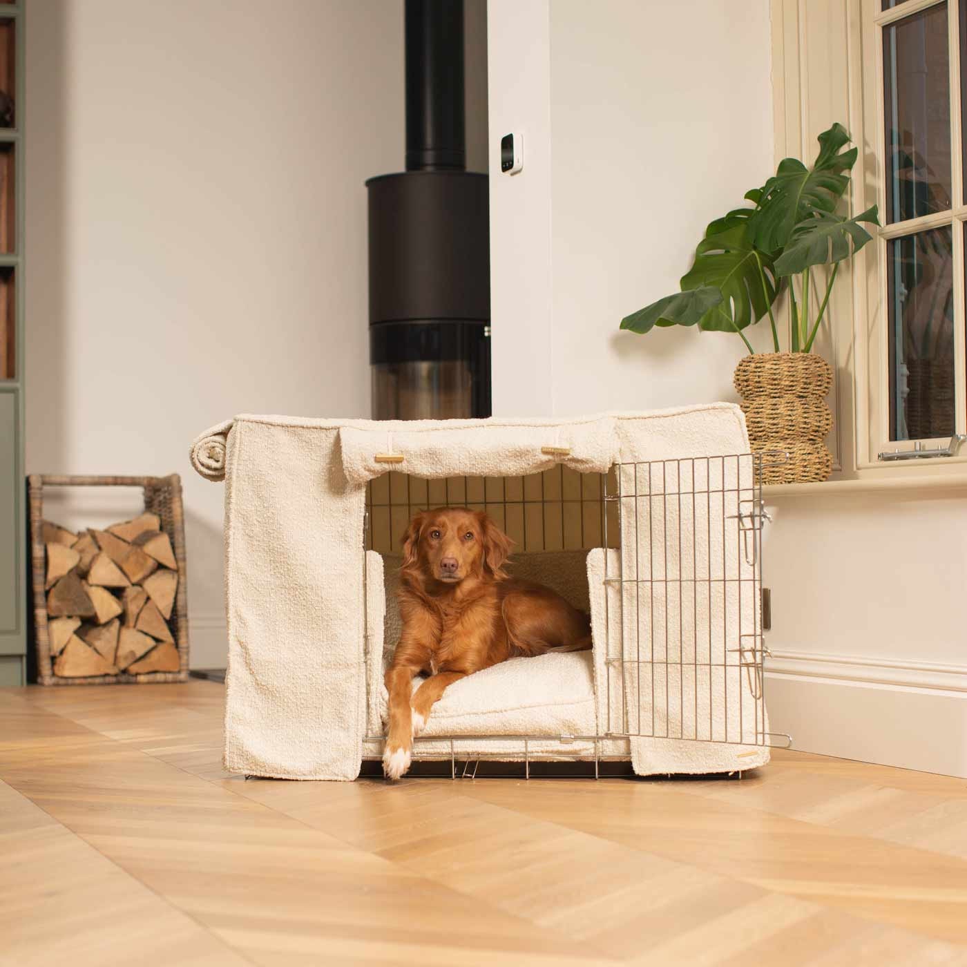 Personalised Dog Crate Set In Ivory Bouclé |  Crate Bumper, Bed, Cover Set | The Ultimate Dog Den | Dog Crate Bedding
