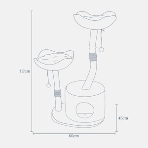 May include: A two-tier cat tree with a round base and two platforms. The platforms are shaped like a flower and have a soft, plush surface. The cat tree is 45 cm tall, 60 cm wide, and 117 cm high.