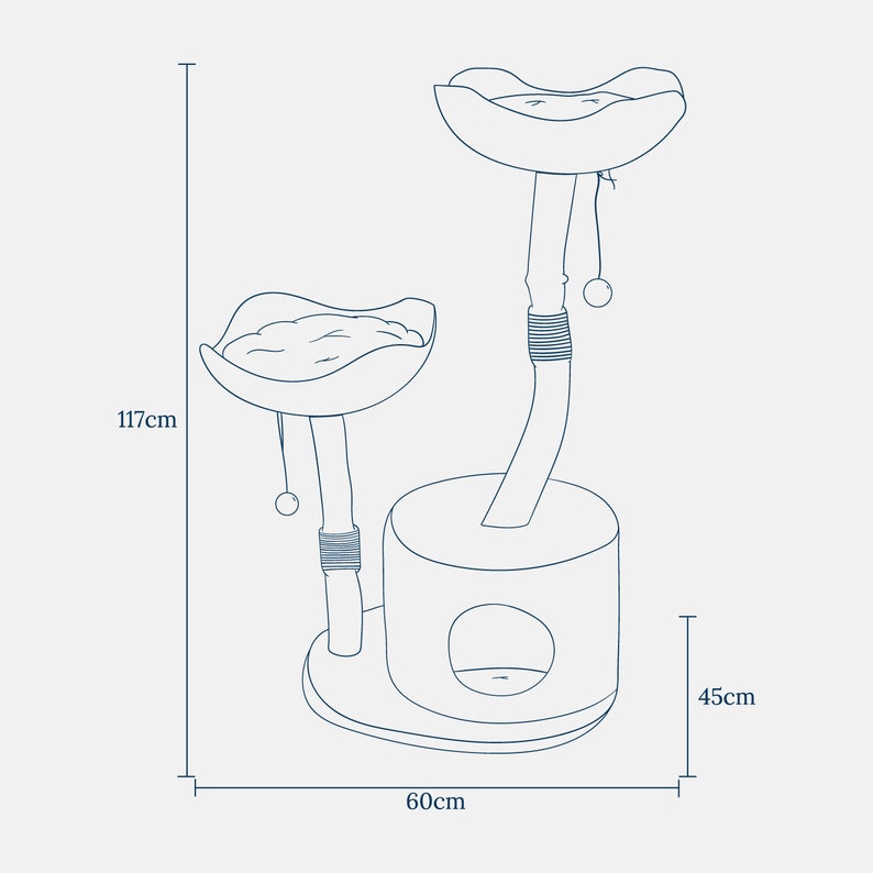 May include: A two-tier cat tree with a round base and two platforms. The platforms are shaped like a flower and have a soft, plush surface. The cat tree is 45 cm tall, 60 cm wide, and 117 cm high.