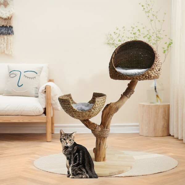 Back to Nature The Duo Cat Scratch Post | Wooden Cat Scratch Post Tree | Featuring Two Wicker Basket Beds | Perfect For Kittens | Hooded Den