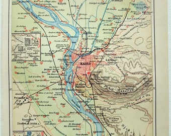 Cairo Egypt & Vicinity - Original 1905 Map by Meyers. Antique Original.