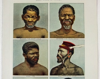 Les races sombres d'Afrique - Chromo-lithographie en pierre originale datée de 1902 par Julius Bien. Antiquités