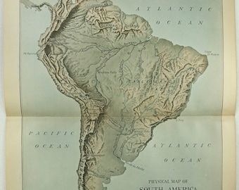 Original 1902 Physical Map of South America by Dodd Mead & Company. Antique. Peru Venezuala Colombia Ecuador Chile