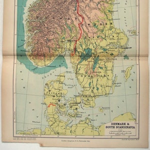 Dänemark & Südskandinavien - Original 1901 physische Karte von Longmans Green. Antike Chromolithograph