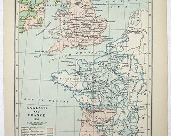 Carte vintage de l'Angleterre et de la France en 1259 - Publiée par Longmans Green en 1905