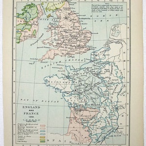 Vintage Map of England & France in 1259 - Published by Longmans Green in 1905
