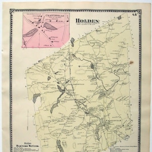 Holden, Massachusetts. 1870 Karte von FW Beers. Hand gefärbt. Antike Originalkarte