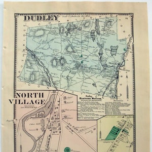 Dudley & North Village , Massachusetts. 1870 Karte von FW Beers. Hand gefärbt. Antike Original-Karte