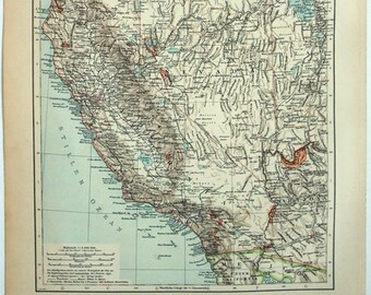 États du Pacifique des États-Unis : Carte originale de 1896 de Velhagen et Klasing. Carte de langue allemande antique