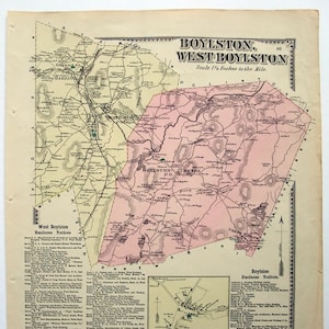 Boylston & West Boylston, Massachusetts. 1870 Karte von FW Beers. Hand gefärbt. Antike Original-Karte