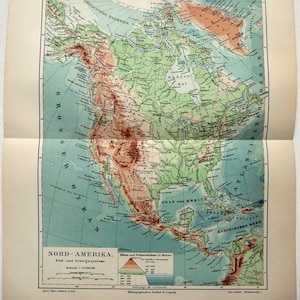 Nordamerika – Physische Karte von 1907 von Meyers. Deutsche Sprache. Antikes Original