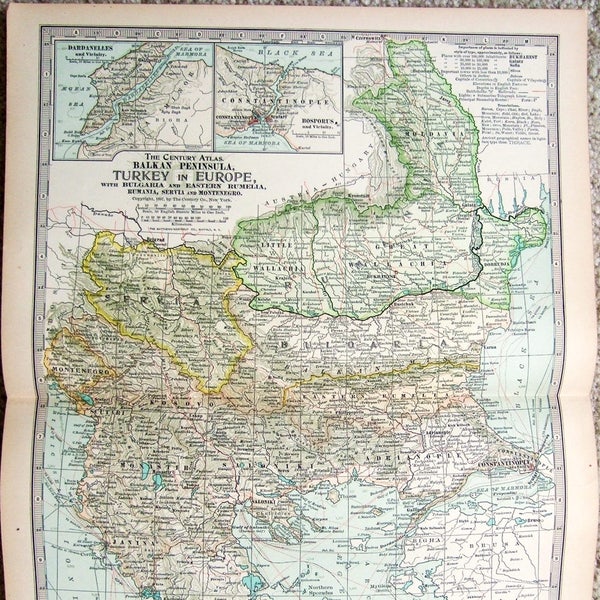 Original 1897 Map of Turkey in Europe by The Century Company. Balkans Greece Romania Bulgaria Serbia. Antique