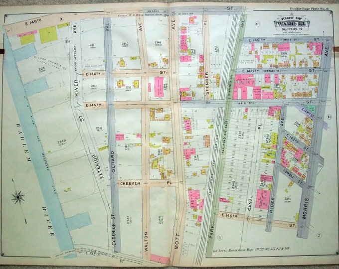 Printed in 1900 by Hyde /& Co Harlem River to Morris Guaranteed Original Huge Antique Map of Bronx NY Mott Haven from E 138th to E 149th