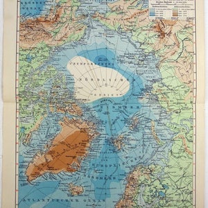 Arktis - Original 1931 Deutsche Landkarte von Meyers. Nordpol. Vintage Original Landkarte