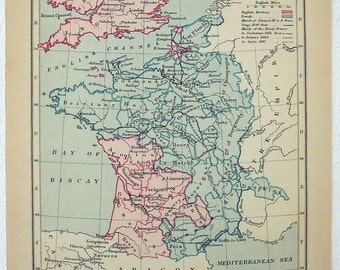 Vintage Map of France 1360: Treaty of Bretigny, Published 1905
