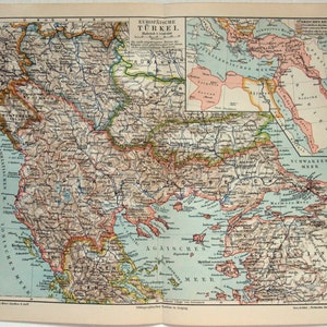 Türkei in Europa - Original 1908 Karte von Meyers. Türkei Griechenland Serbien Montenegro. Antike Original-Karte