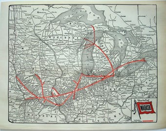 Wabash Railroad - Original 1939 Route Map. Vintage Railway