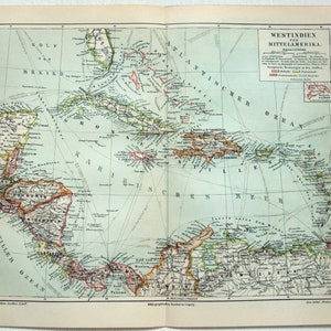 Westindien & Mittelamerika - Original 1909 Landkarte von Meyers. Antiken