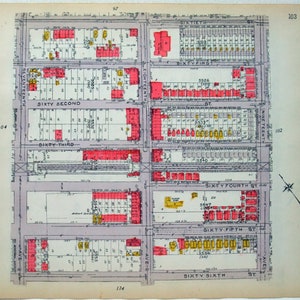 May include: A vintage map of a city grid, featuring streets labeled "Sixty Second St" and "Sixty Third St." Buildings are colored red and yellow, with street names and numbers in black. The map is on aged paper.