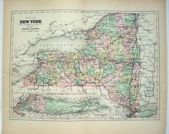 Carte originale sur plaque de cuivre de 1896 de l’État de New York par A. J. Johnson