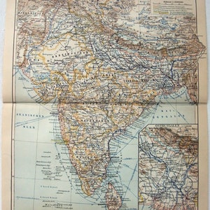 Original 1908 Landkarte Indiens während der Kolonialzeit von Meyers. Antiken