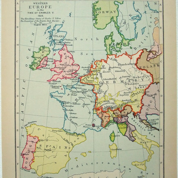 Vintage Map of Western Europe in the Year 1525 - Published in 1907 by Longmans Green