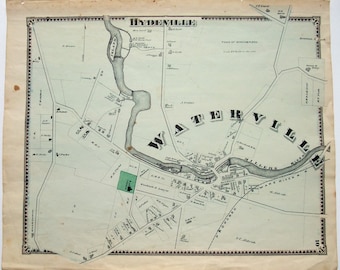 Waterville et Hydeville, Massachusetts. 1870 Carte par FW Beers. Couleur de la main. Carte originale antique