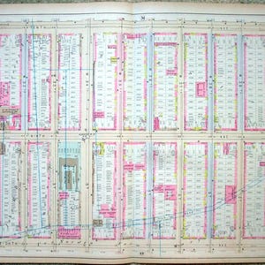 May include: A detailed, vintage map of a city ward, featuring a grid layout with streets and numbered blocks. The map uses pink, blue, and yellow highlights to denote specific areas. Text includes street names and the designation "Plate X" and "Ward 20."